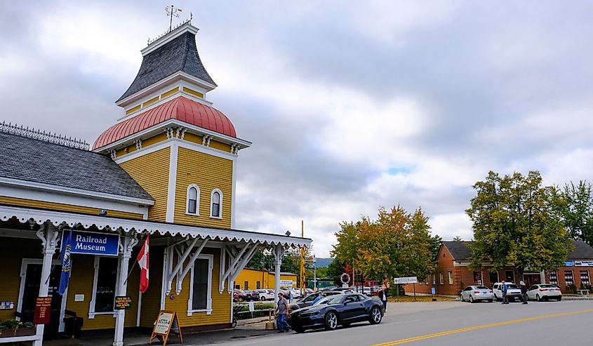Classic US styled railroad station showing the timber built design in Conway New Hampshire