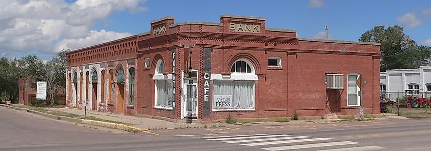 Bank of Magdalena building, located at the north corner of First Street (U.S. Highway 60) and Main Street in Magdalena, New Mexico. Viewed from the south.