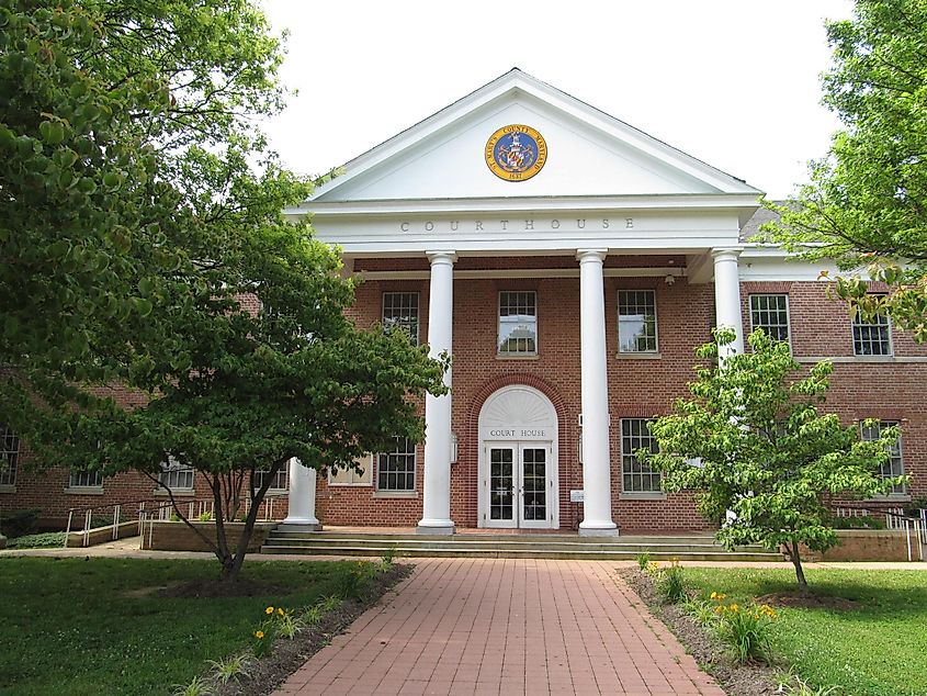 Courthouse of St. Mary's County, established in 1637, in Leonardtown, Maryland.