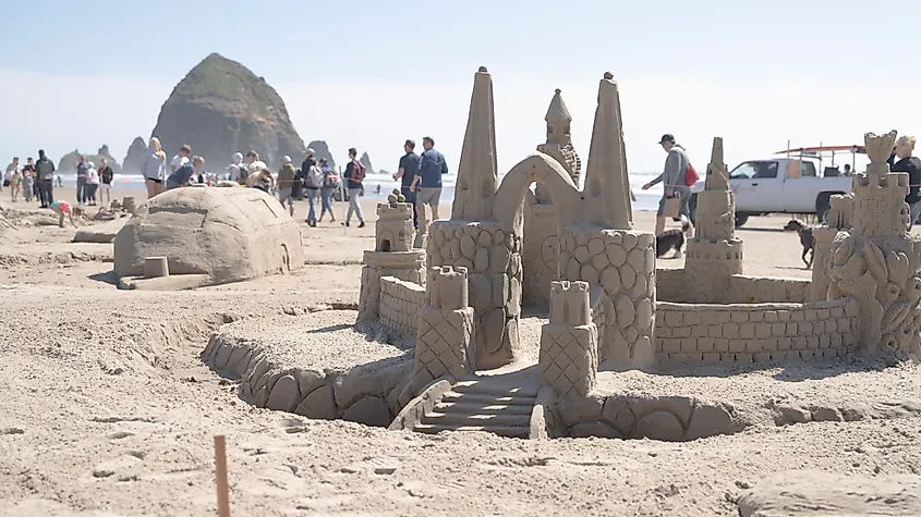 Sandcastle in front of Haystack Rock during the Cannon Beach Sandcastle Contest.