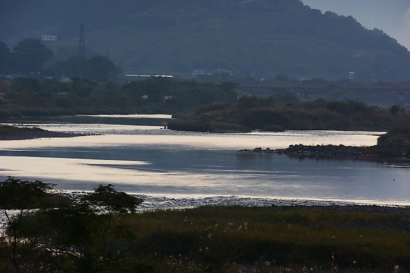 The rising levels of the Chikugo River in Japan.