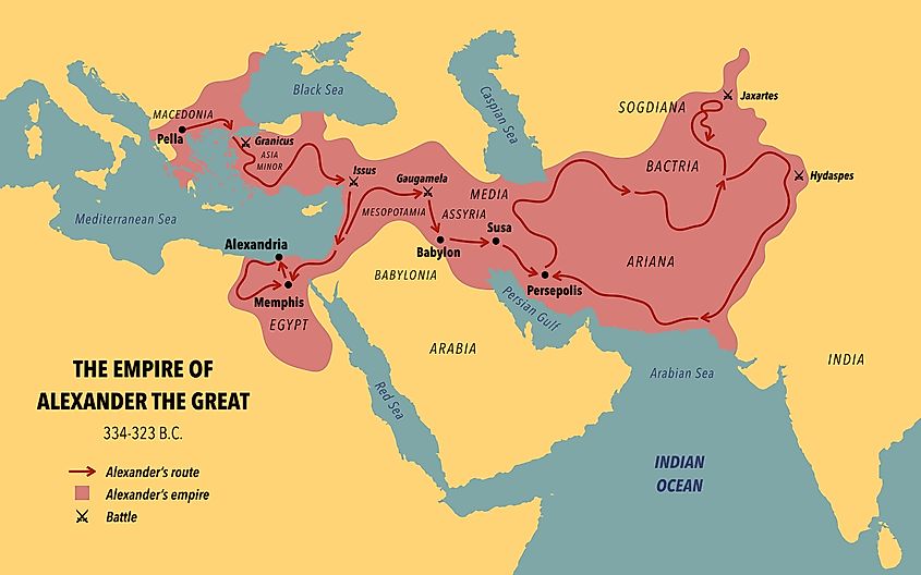 The empire, route and battles of Alexander the Great from Greece to India.