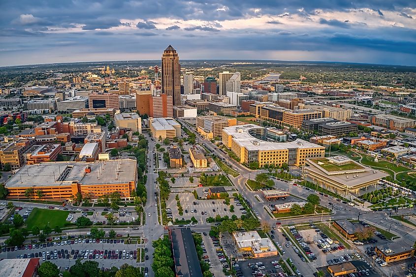 Aerial View of the Des Moine, Iowa Skyline facing West.