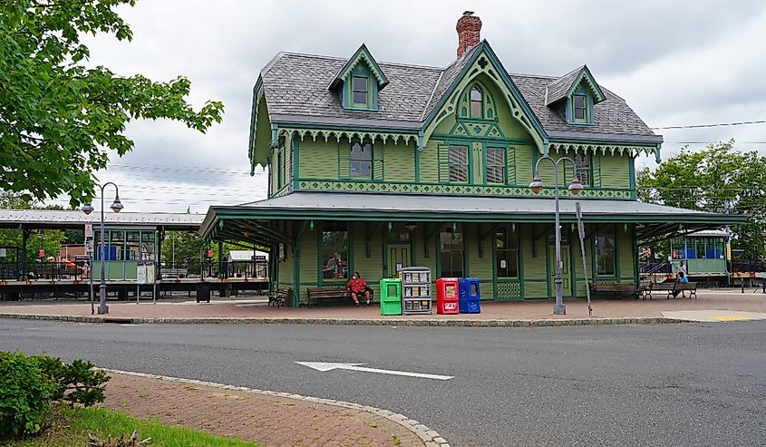 View of the historic Red Bank Train Station, a landmark Victorian NJ Transit commuter railroad station in Red Bank, Monmouth County, New Jersey.