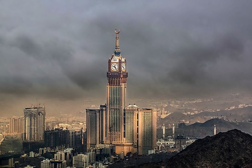 The Abraj Al-Bait complex in Mecca, Saudi Arabia, dominated by the Makkah Royal Clock Tower, the fourth-tallest building in the world.