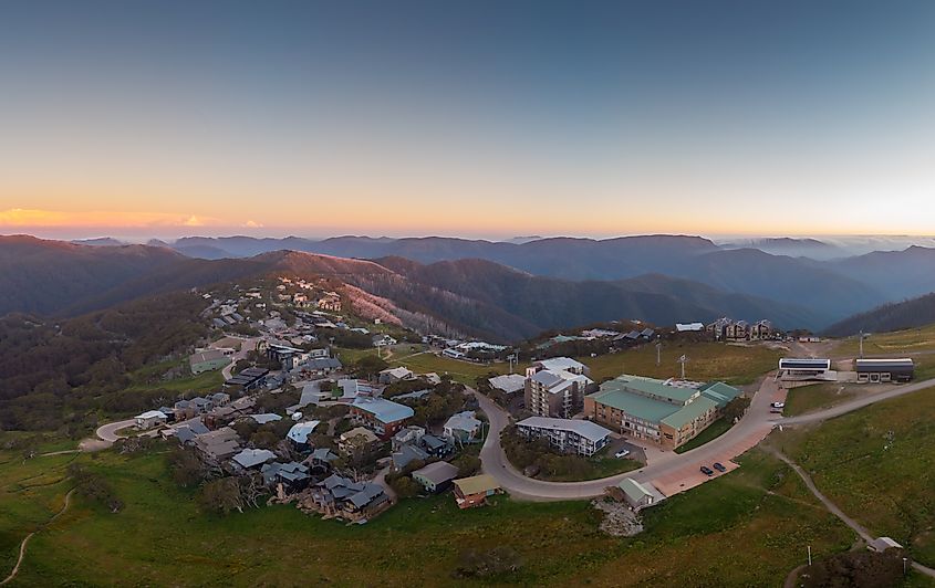 The summer view at sunset towards Mt Buller and the Victorian Alps in Victoria, Australia