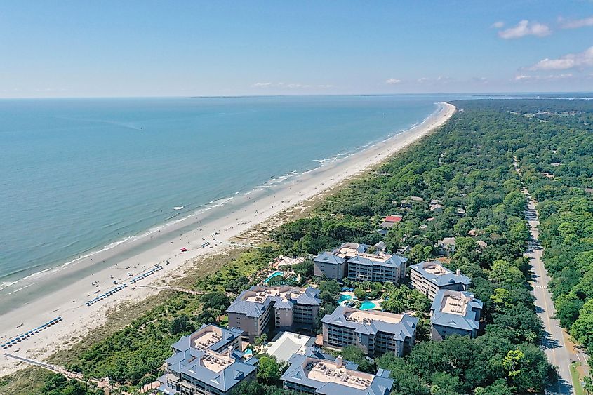 Aerial view over Coligny beach on Hilton Head island.