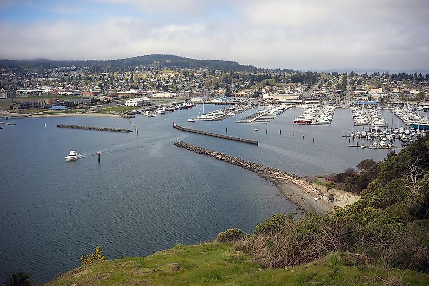 Aerial view of the coast in Anacortes, Washington.