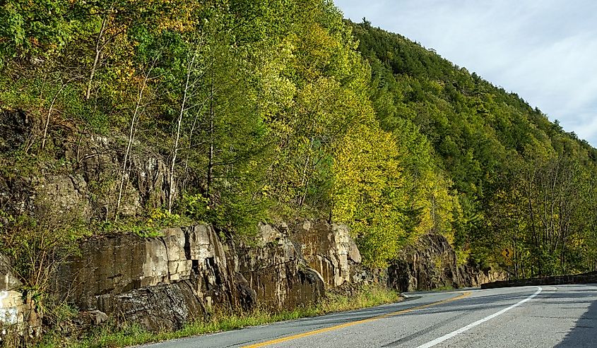 Meandering Autumn Road through the Hawk's Nest. Destination the Upper Delaware Scenic and Recreation River from New Jersey.