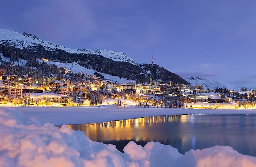 Winter landscape in St. Moritz (German: Sankt Moritz; Italian: San Maurizio), a resort town in the Engadine valley in Switzerland.