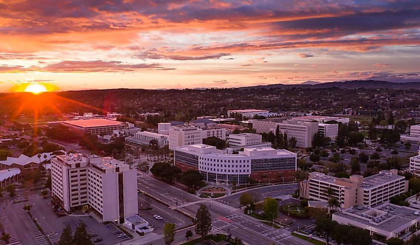Aerial sunset view of the public civic center district of Fullerton, California.