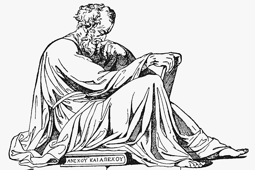 A black and white drawing of  Epictetus.