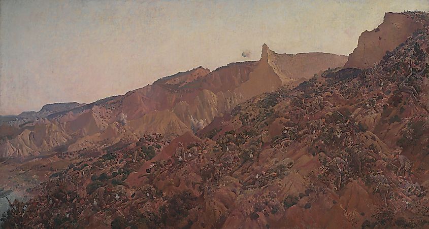 Painting of Australian troops advancing from the sea onto the Gallipoli Peninsula in 1915