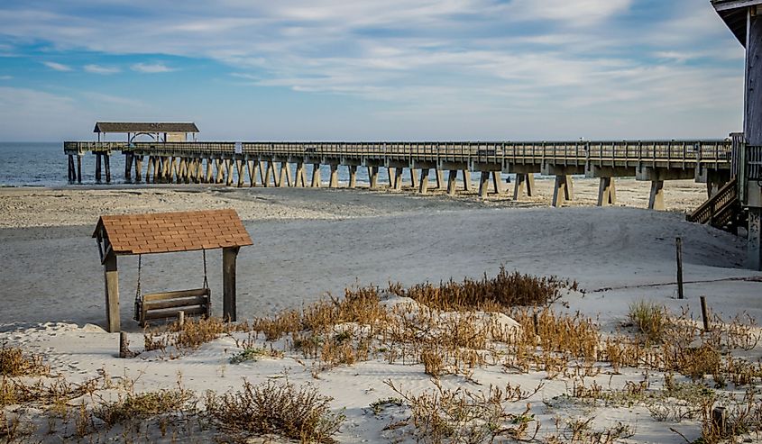 Tybee Island pier in Southern Georgia United States on the beach of the Atlantic Ocean
