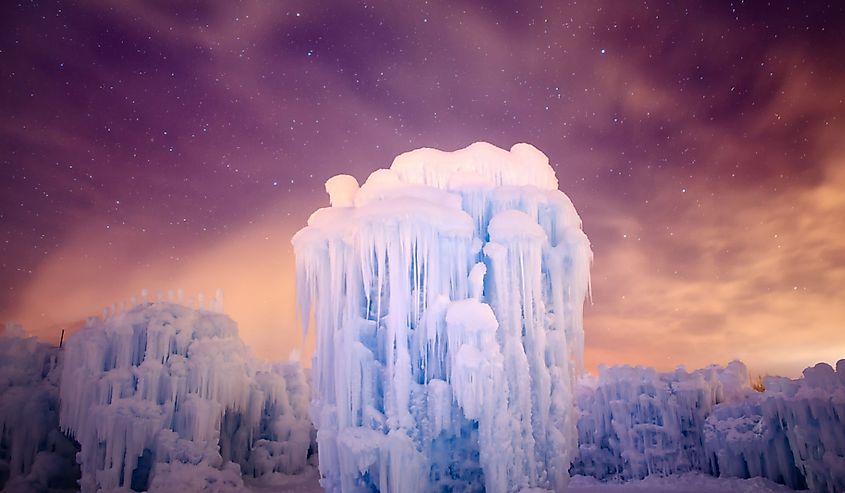 Midway ice castle tower at night