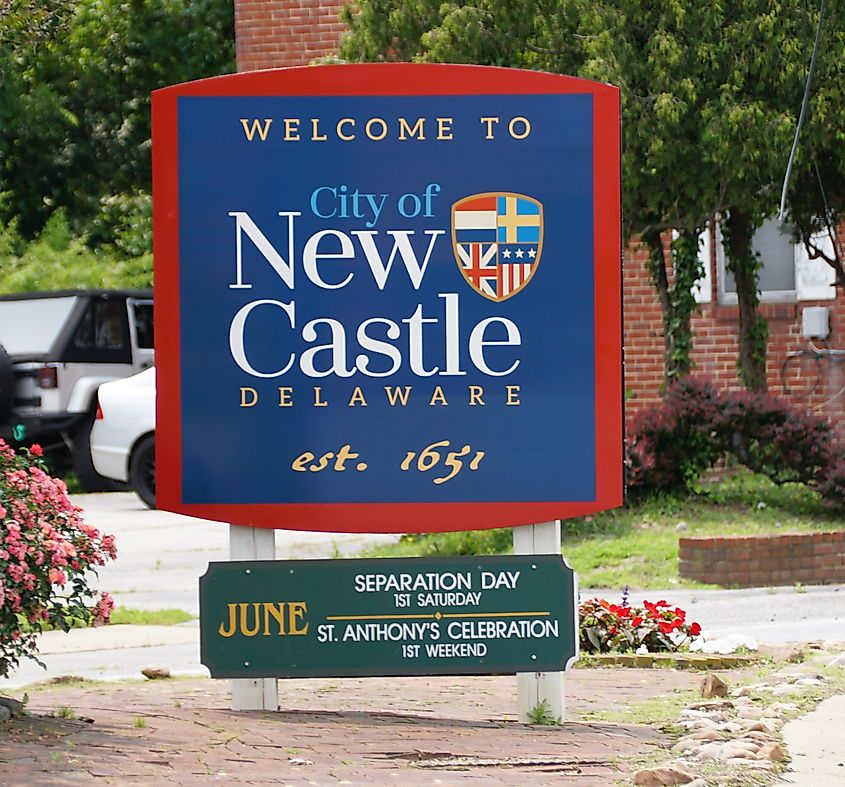 A welcoming sign for New Castle, with June's Separation Day highlighted.