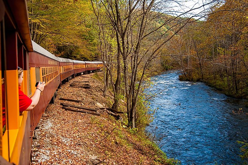 Great Smoky Mountains Railroad along the Tuckasegee River in Bryson City.