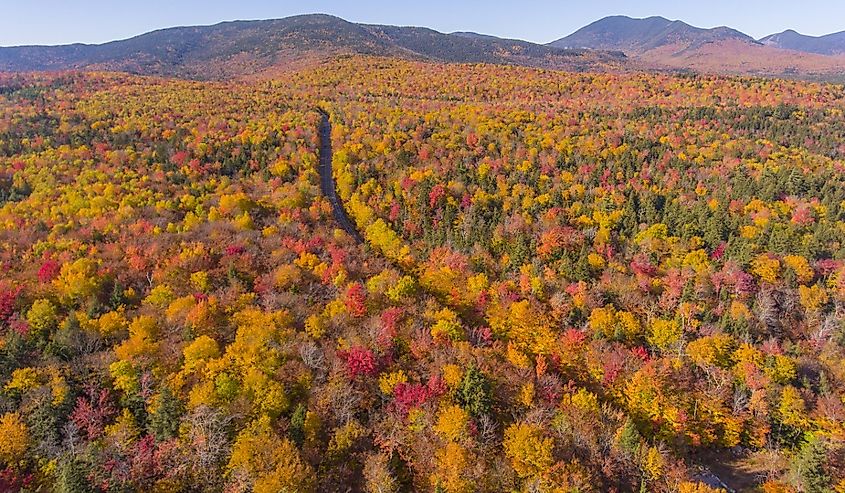 White Mountain National Forest fall foliage on Kancamagus Highway aerial view near Sugar Hill Scenic Vista, Town of Lincoln, New Hampshire NH, USA.