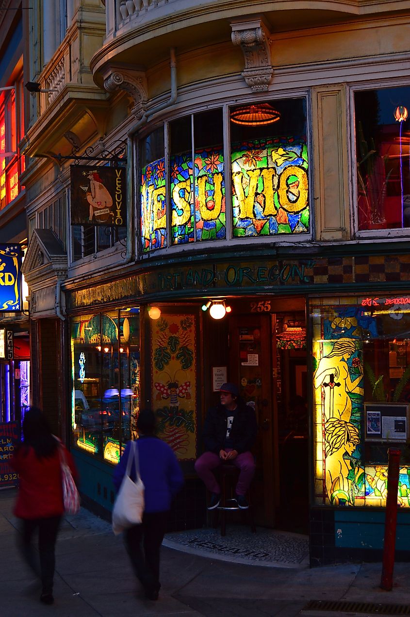 San Francisco, CA, USA July 15 Folks wander past Vesuvio Tavern, a popular haunt of Jack Kerouac and Allen Ginsburg, in San Francisco