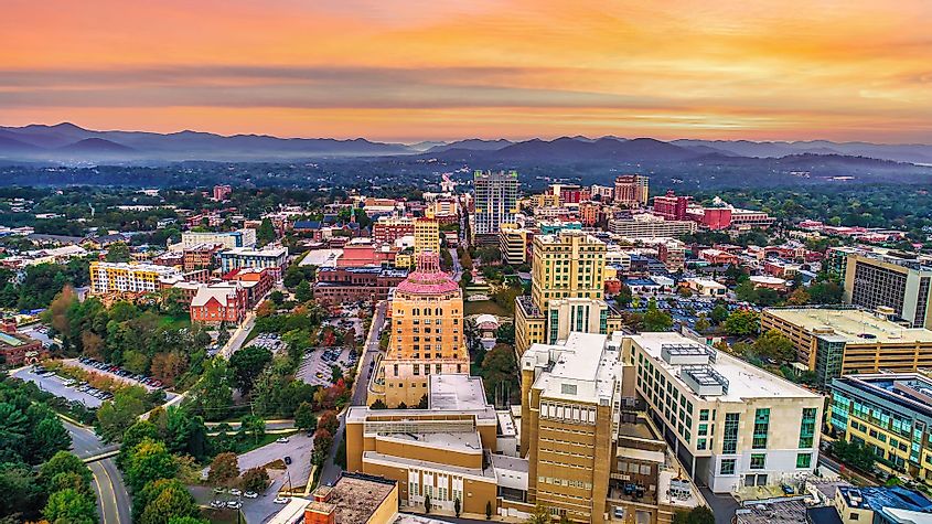 Aerial view of the downtown Asheville, North Carolina skyline