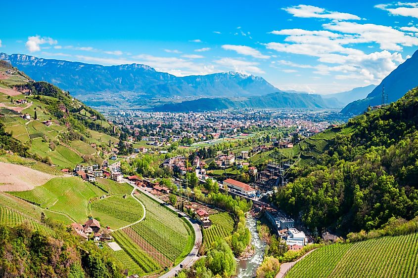 Bolzano and Dolomite mountains aerial panoramic view.