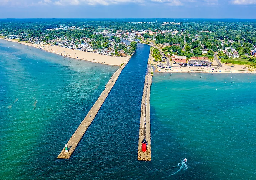 Aerial view of Navy Pier and the Chicago, Illinois skyline over Lake Michigan.