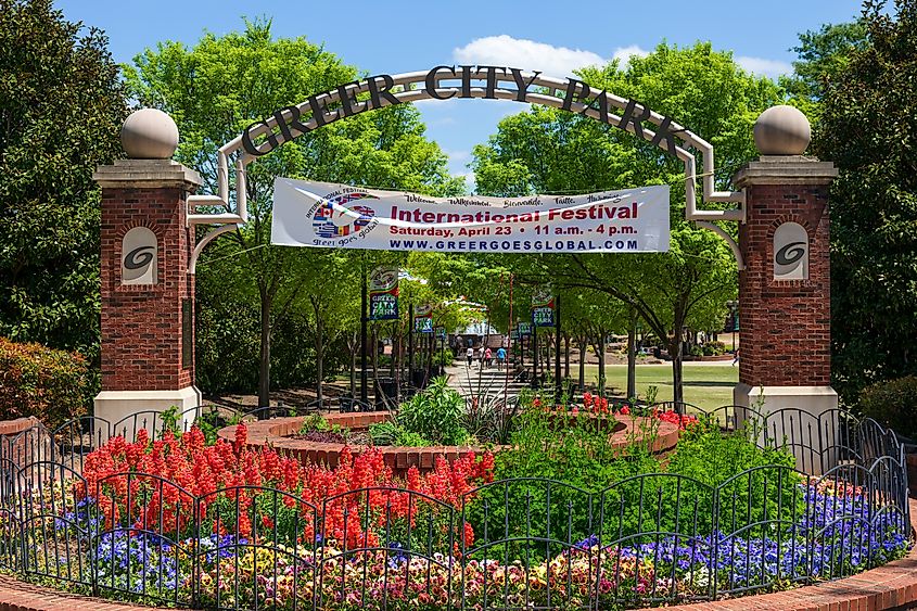 View of entrance to Greer City Park. Editorial credit: Nolichuckyjake / Shutterstock.com