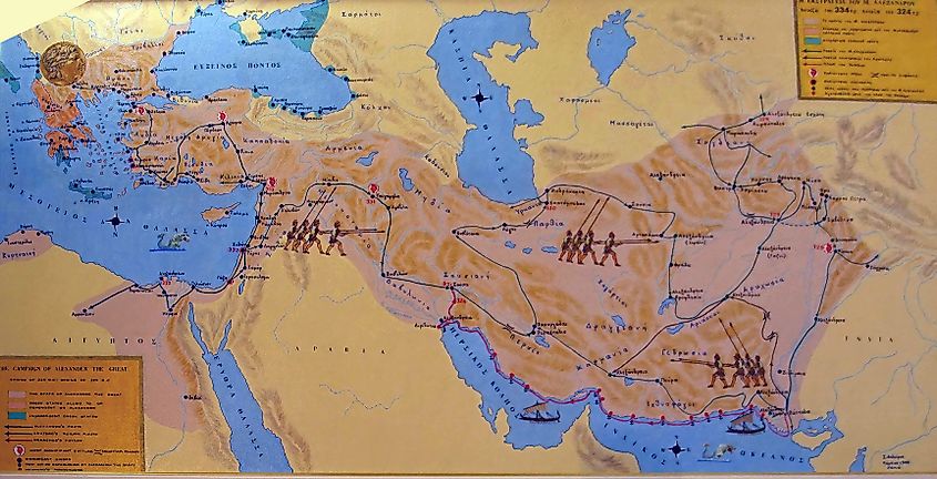 Map of travel and conquests of Alexander the Great, in the naval museum of Chania, Crete, Greece