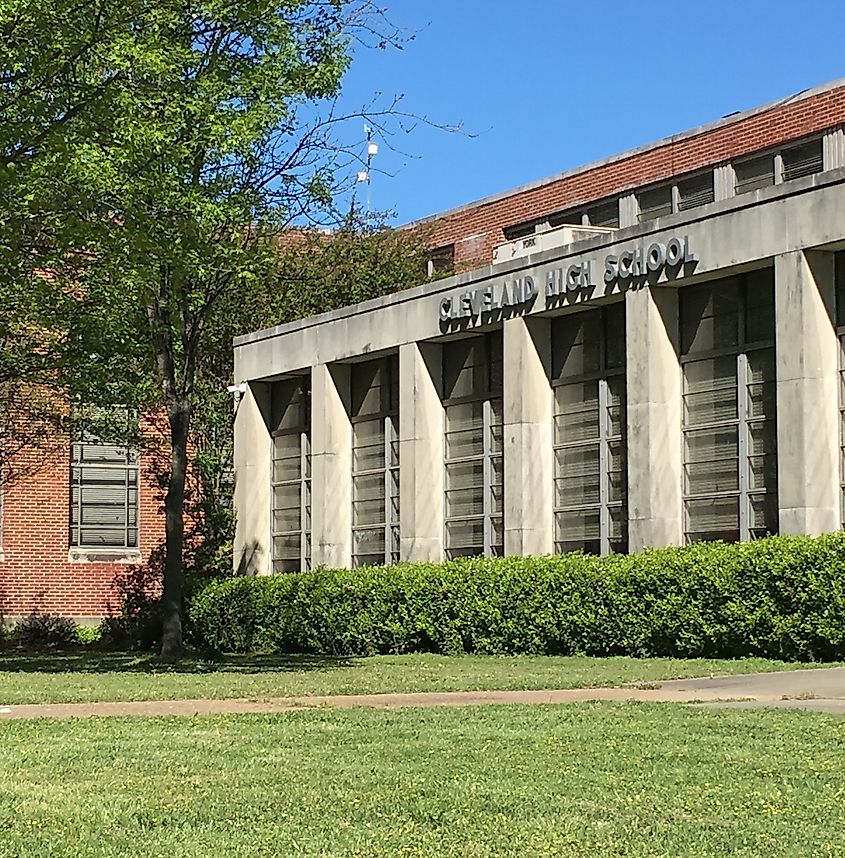 Front facade of Cleveland High School, Cleveland, Mississippi.