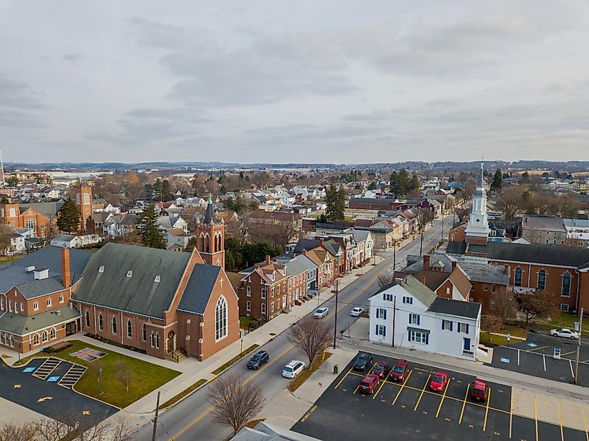 Aerial view of downtown Hanover, Pennsylvania.
