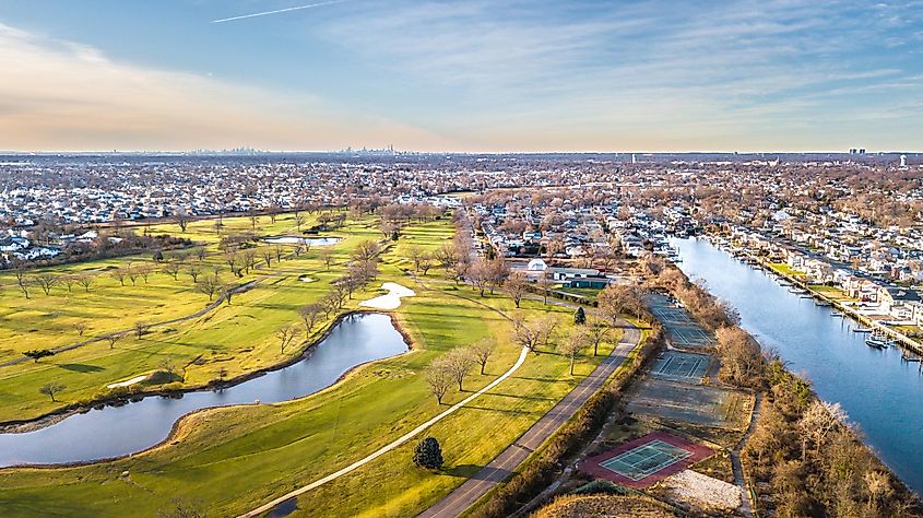 Aerial drone image of Long Island at sunset