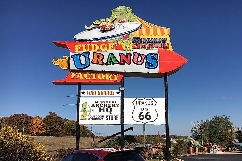 Colorful sign for the Uranus Fudge Factory along historic Route 66. 