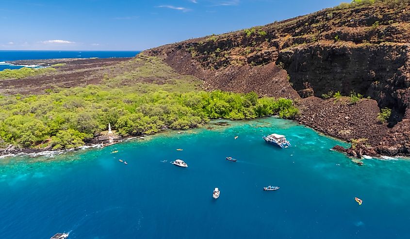 Aerial drone view the Captain James Cook Monument in Kealakekua Bay, Big Island, Hawaii
