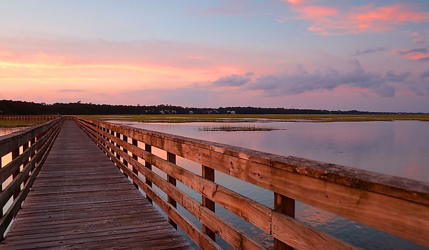Huntington Beach State Park. Dramatic sunset over the expansive salt marsh, Murrels Inlet, South Carolina