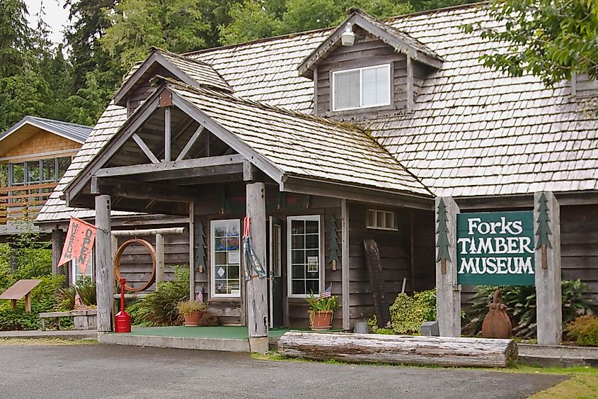 Forks Timber Museum displays early logging history, Forks, Washington, USA.