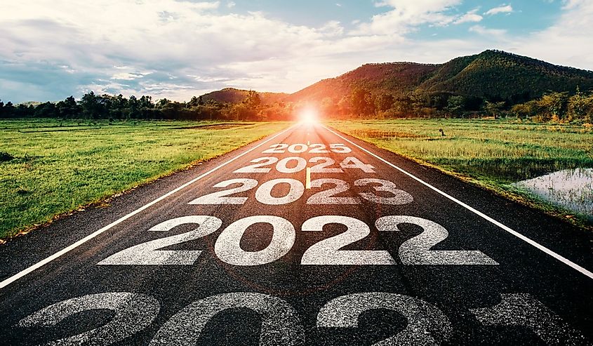 2021-2025 written on highway road in the middle of empty asphalt road and beautiful blue sky.
