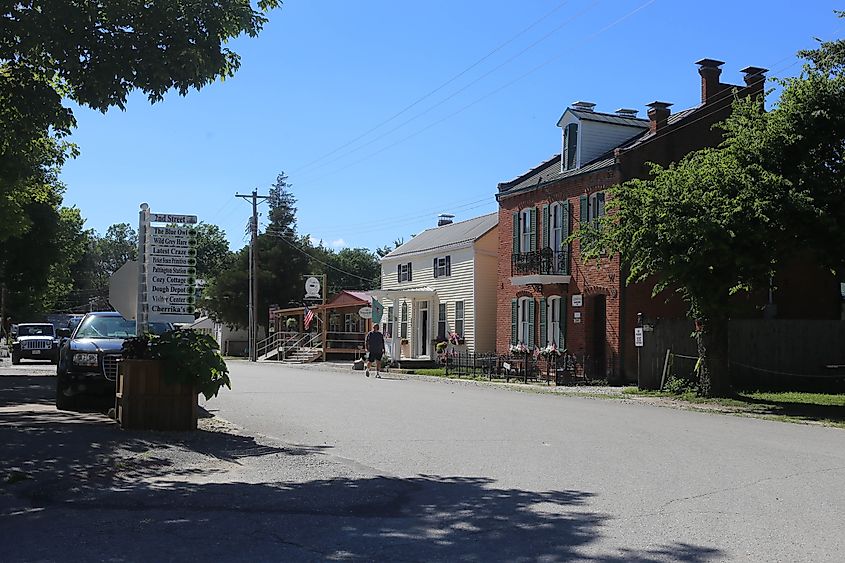 Rustic buildings along a street in Kimmswick, Missouri.