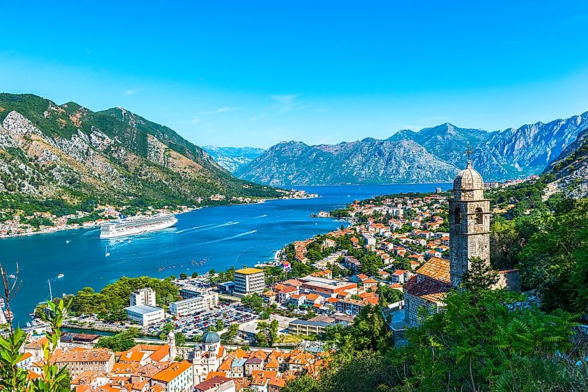 View on the old church and Kotor bay from above, Montenegro
