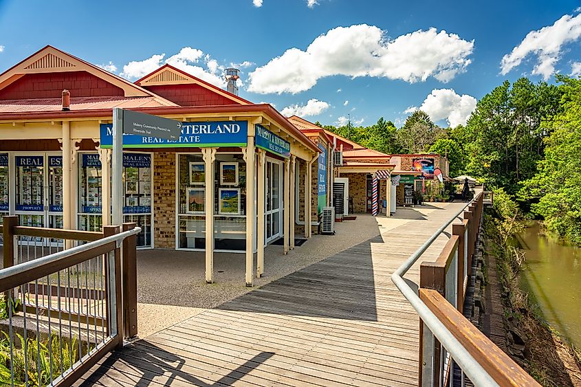 Obi Obi Boardwalk along the shops in the town centre of Maleny, Queensland, Australia