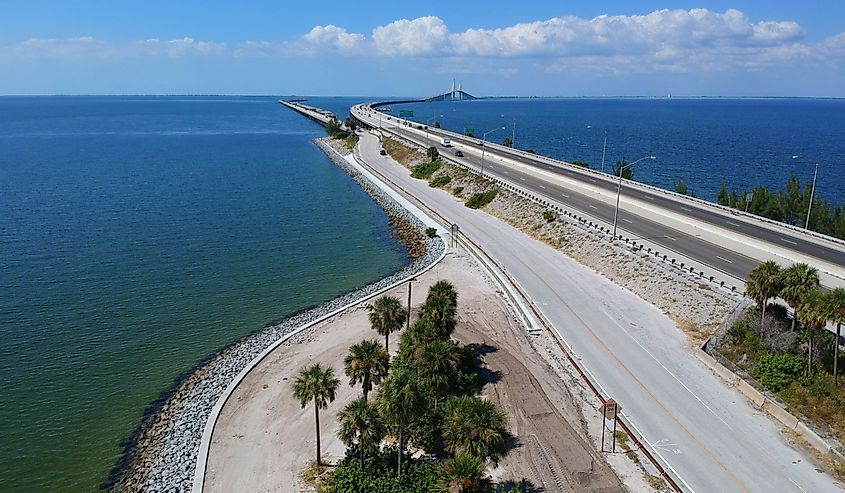 The aerial view of the south entrance to the fishing pier near Bob Graham Sunshine Skyway Bridge
