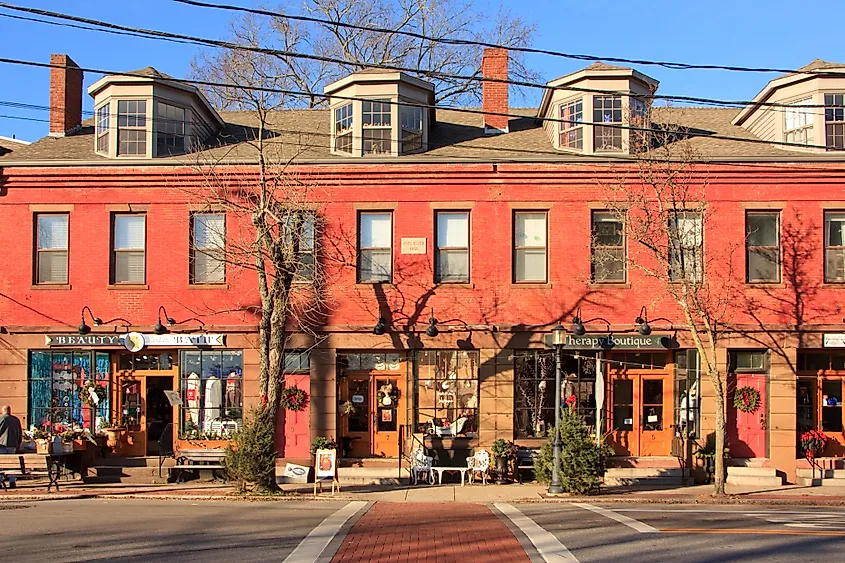 Downtown street in Wickford, Rhode Island with traditional storefronts and seasonal decorations