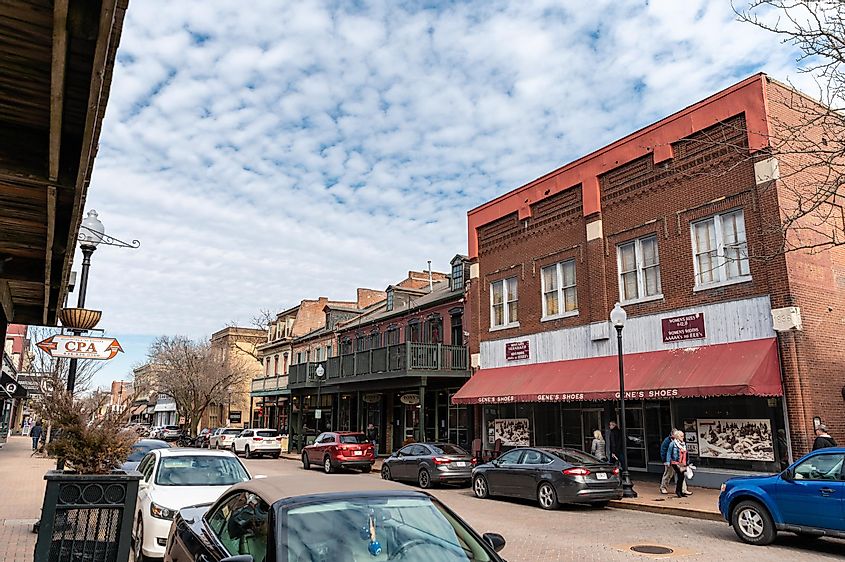 A warm Sunday afternoon in historic downtown St. Charles featuring its famous 19th century brick buildings and brick road, via briantium / Shutterstock.com