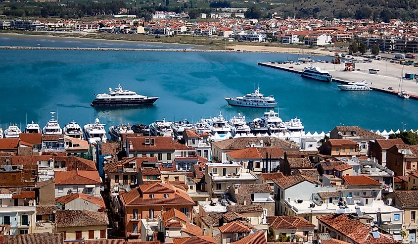 View of Nafplio city in the Peloponnese in Greece that has expanded up the hillsides near the north end of the Argolic Gulf