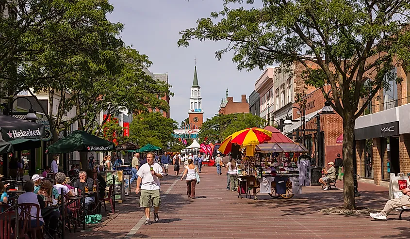 View of Church Street in downtown Burlington, Vermont. Image credit: Julie Deshaies via Shutterstock.