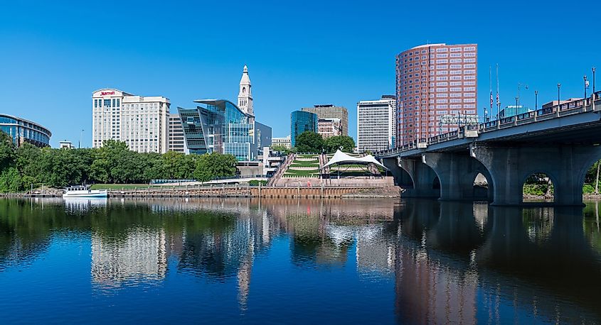 Downtown Hartford and the Connecticut River from Great River Park in Hartford, Connecticut