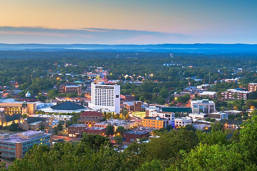 Hot Springs, Arkansas, USA town skyline from above at dawn.