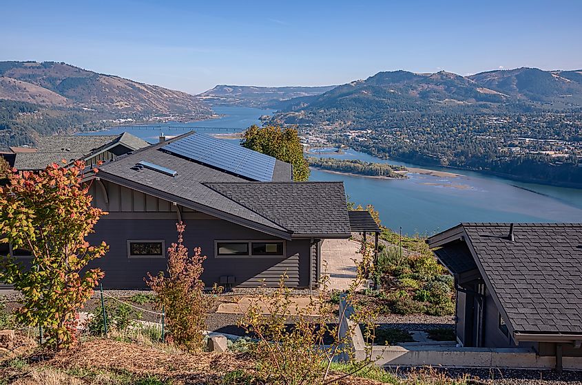 Overlooking the landscape in the Columbia River Gorge Hood River Oregon and White Salmon Washington state.