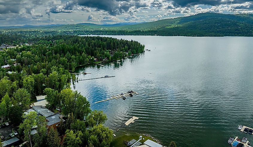 Drone view of Whitefish Lake in Montana
