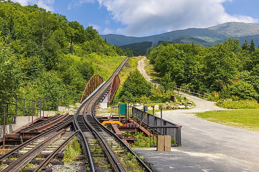 Beginning of the cog railwaytrack leading to the top of Mount Washington in New Hamsphire.
