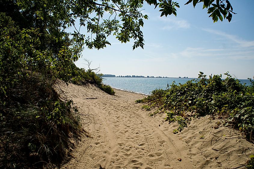 The entrance to Big Sandy Bay Beach on Wolfe Island, Ontario, Canada.